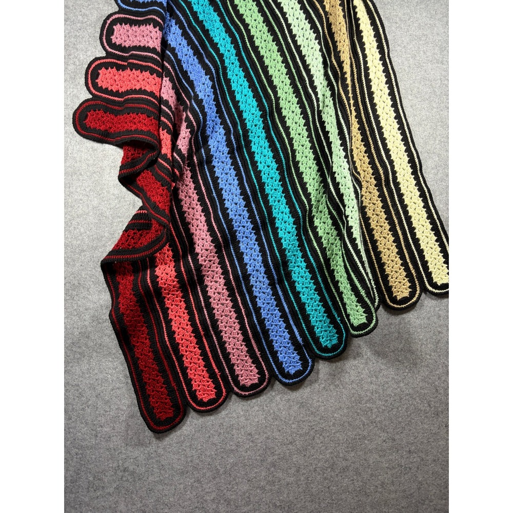 Vintage Handmade Crochet Rainbow Stripe Blanket Scalloped Edge Throw 41x52